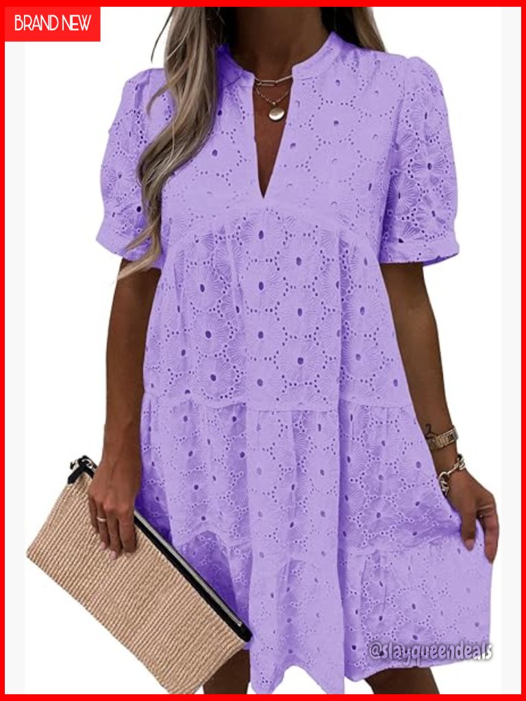 Lace Eyelet Babydoll Swing Dress Short Sleeve V-Neck Flowy Casual Tunic